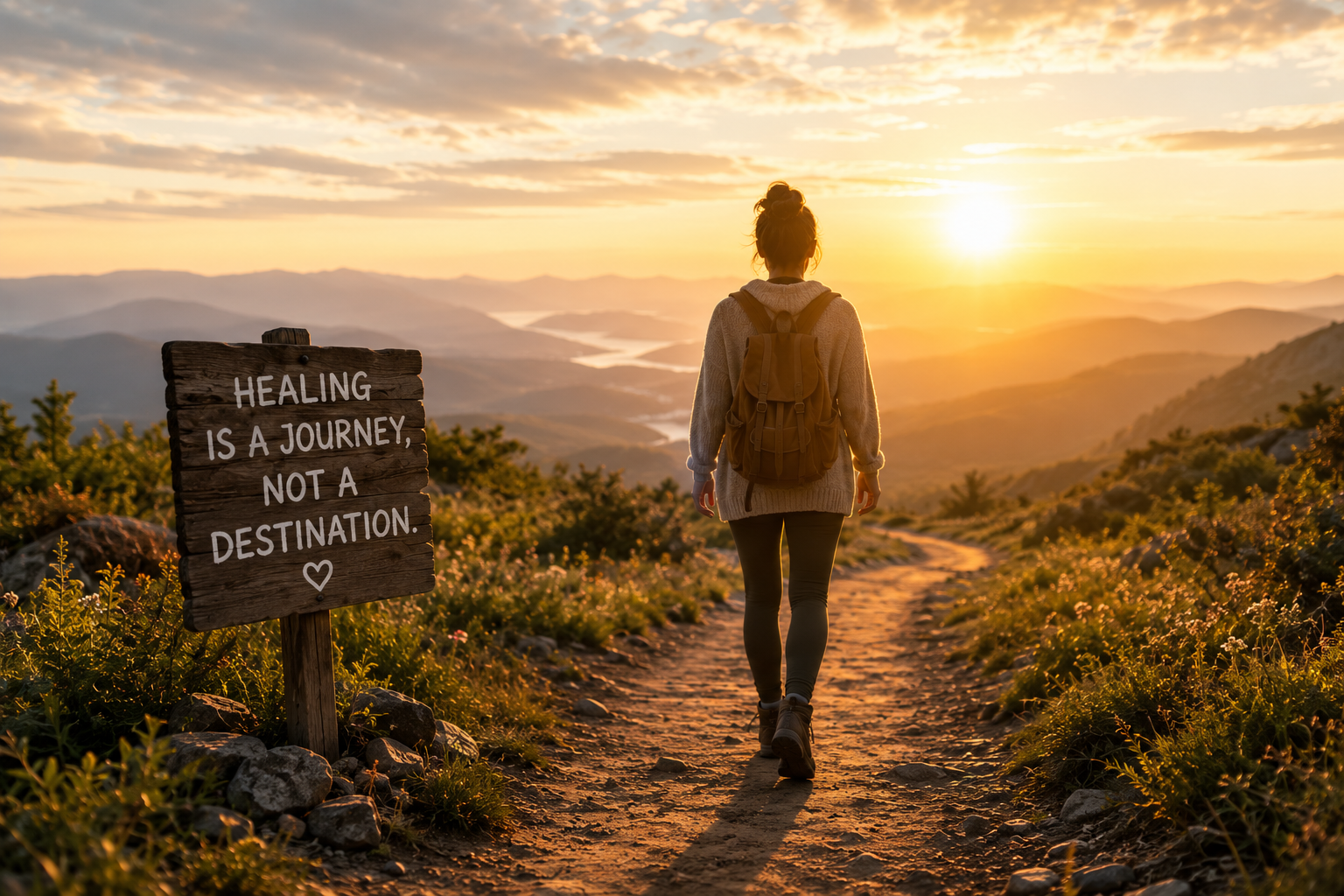 Person walking along a sunlit path toward the horizon, symbolizing hope, healing, and the journey toward better health.