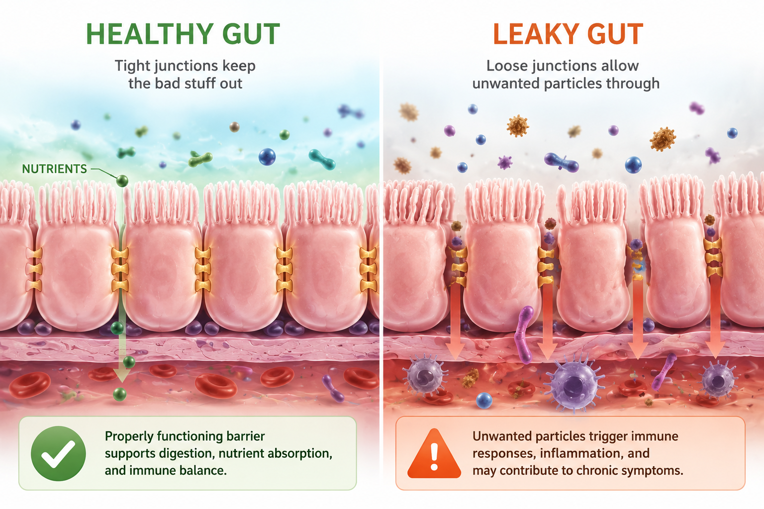 Educational comparison showing a healthy intestinal barrier versus increased intestinal permeability, commonly called leaky gut.