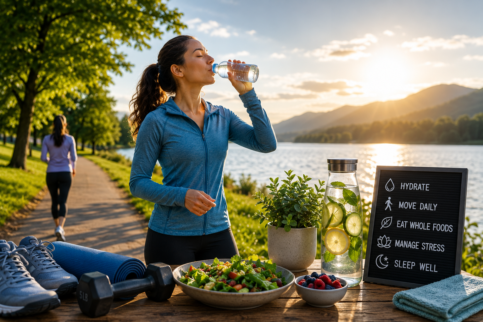 Healthy active woman drinking water outdoors with exercise equipment, nutritious foods, and wellness habits that support kidney function