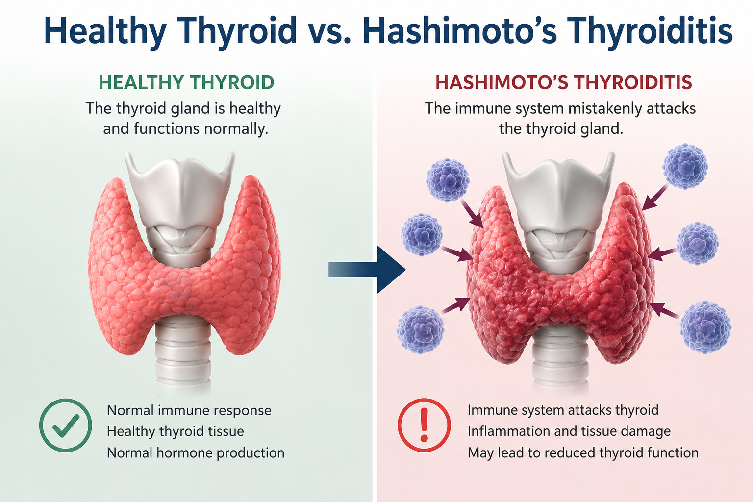 Comparison of a healthy thyroid gland and Hashimoto's thyroiditis showing autoimmune attack on thyroid tissue