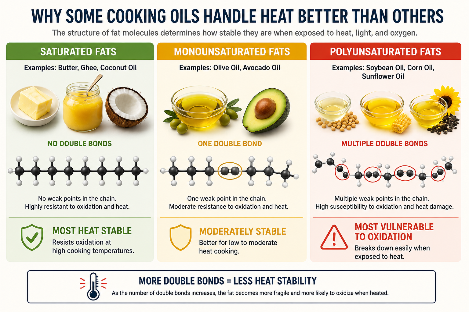Infographic comparing saturated, monounsaturated, and polyunsaturated fats and their relative stability when exposed to heat.
