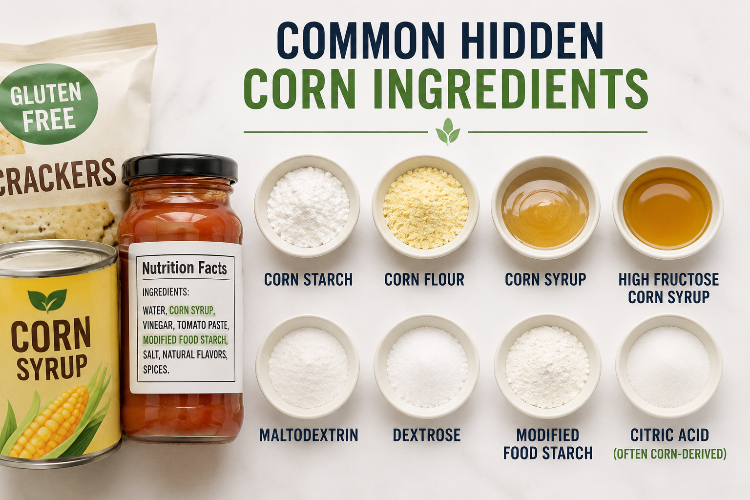Infographic showing common corn-derived ingredients including corn starch corn flour corn syrup high fructose corn syrup maltodextrin dextrose and modified food starch
