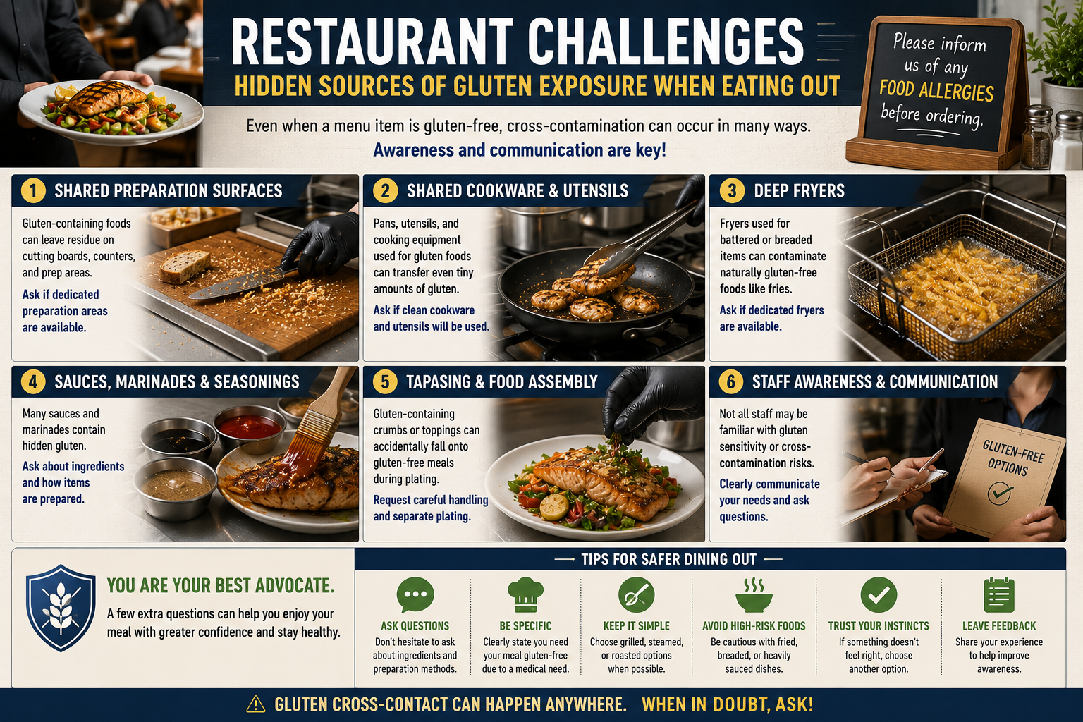 Infographic showing hidden gluten sources in processed foods including sauces marinades seasonings soup mixes restaurant meals and packaged foods