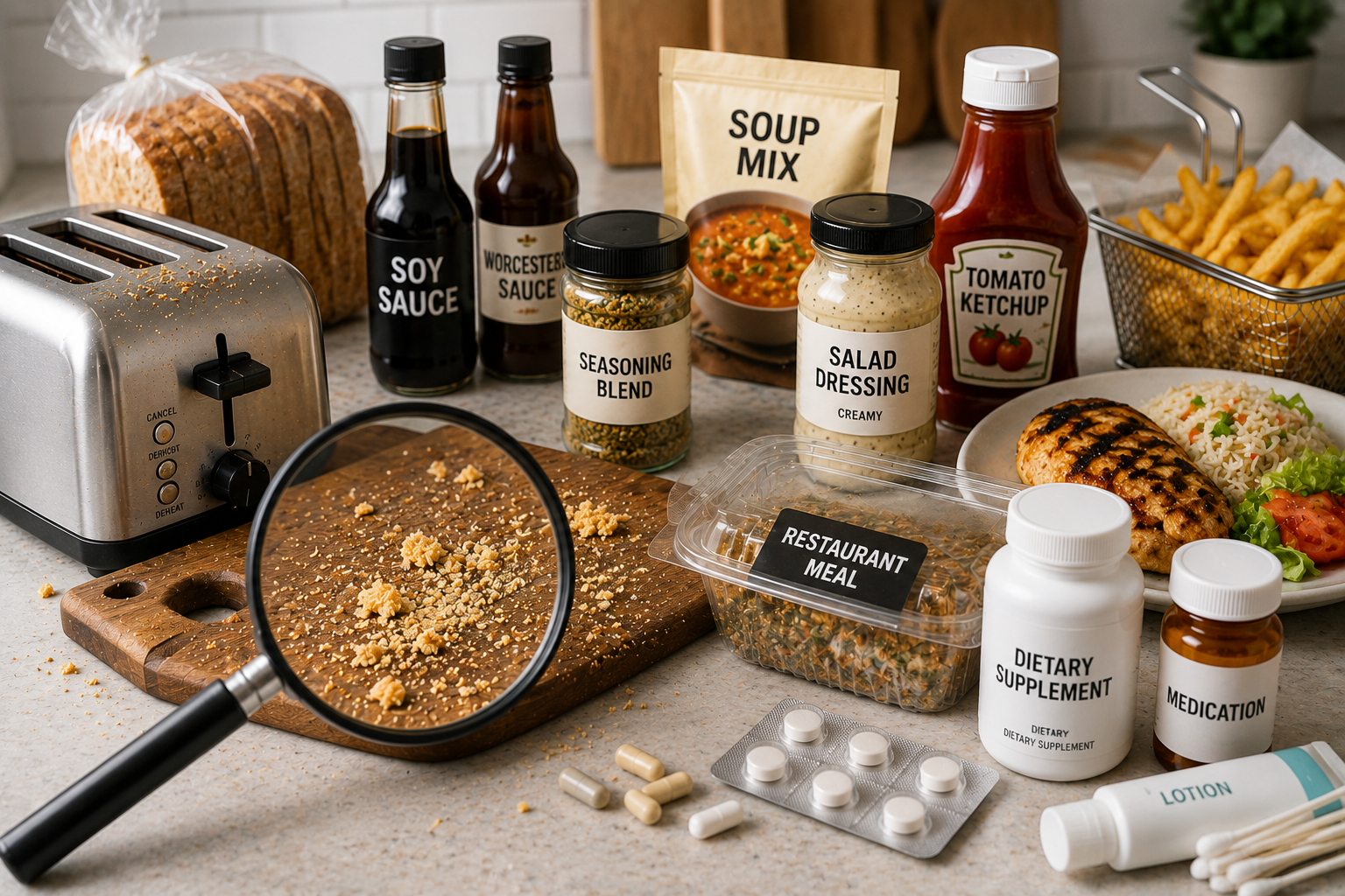 Infographic showing hidden sources of gluten exposure including sauces seasonings restaurant foods supplements medications personal care products and kitchen cross-contamination