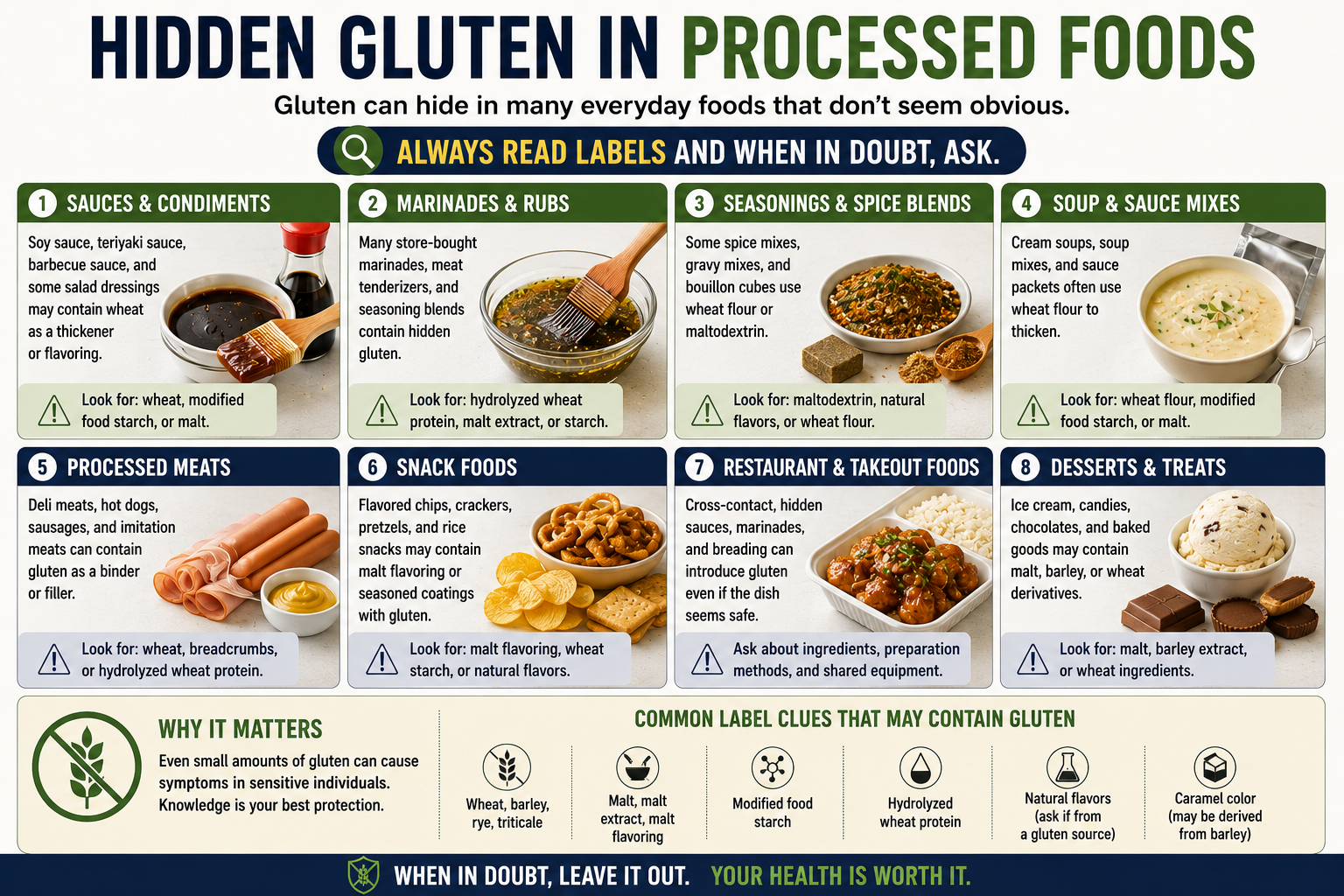 Infographic showing hidden gluten sources in supplements medications fillers binders coatings and inactive ingredients