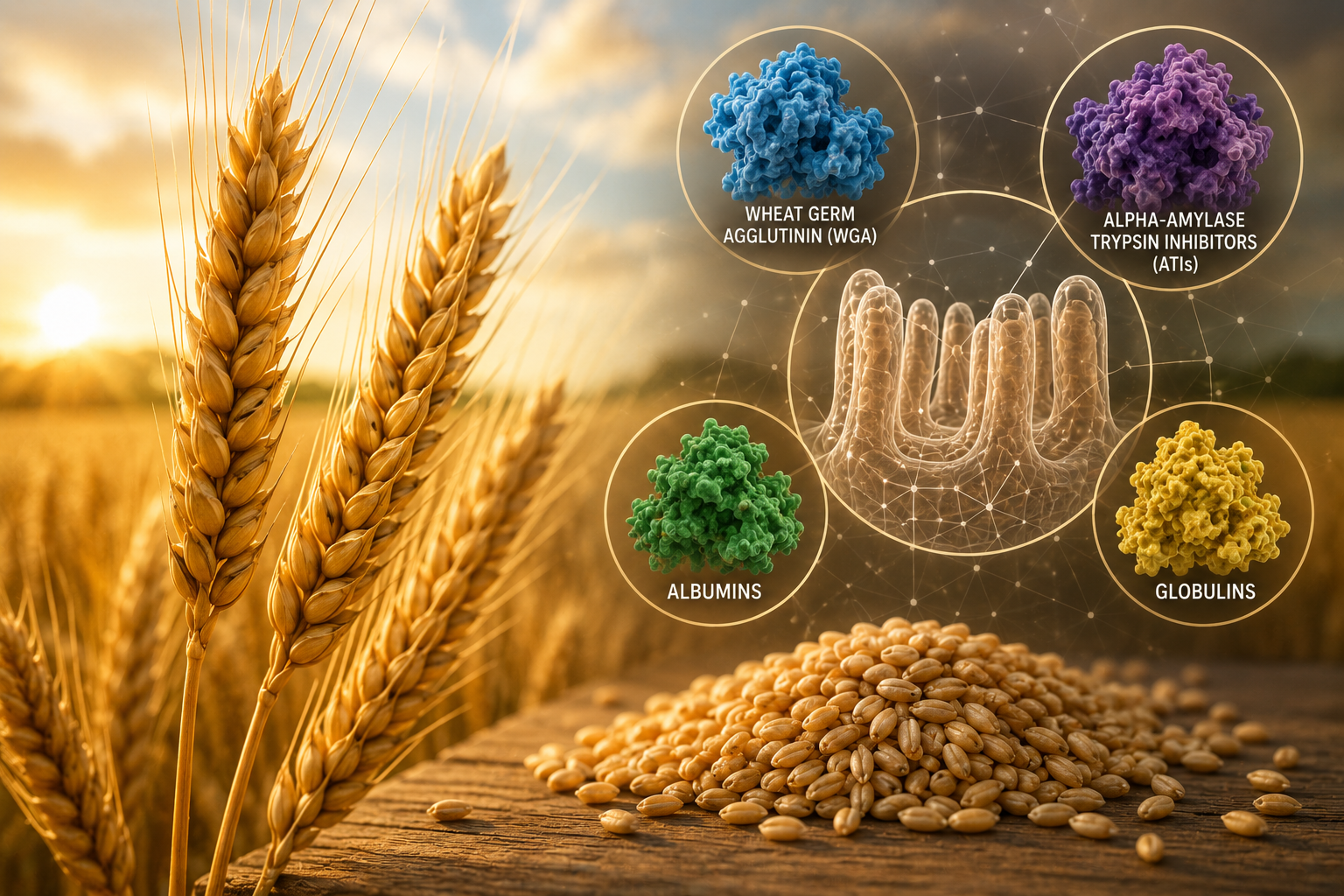 Wheat field and wheat grain illustrating gluten and other biologically active wheat proteins including WGA ATIs albumins and globulins