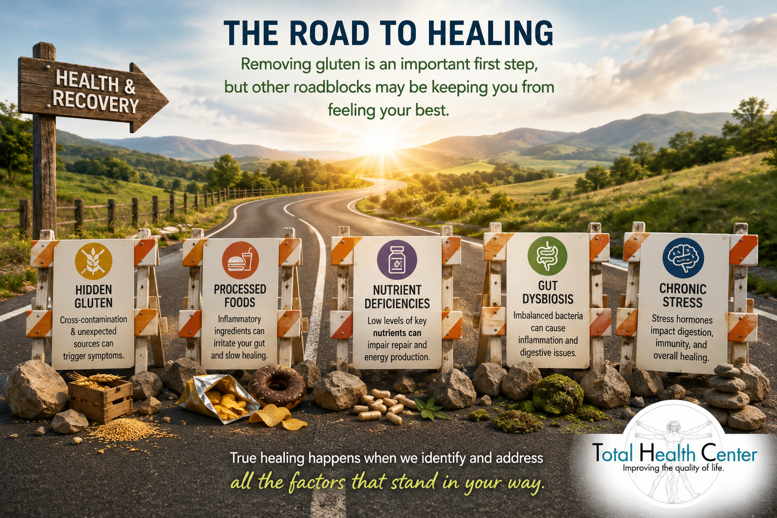 Roadblocks to healing including hidden gluten processed foods nutrient deficiencies gut dysbiosis and chronic stress