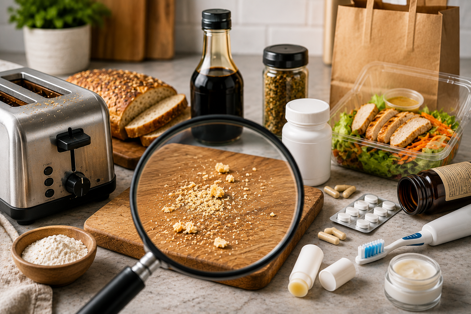 Kitchen countertop showing potential hidden sources of gluten exposure including cross contamination restaurant food supplements medications and personal care products