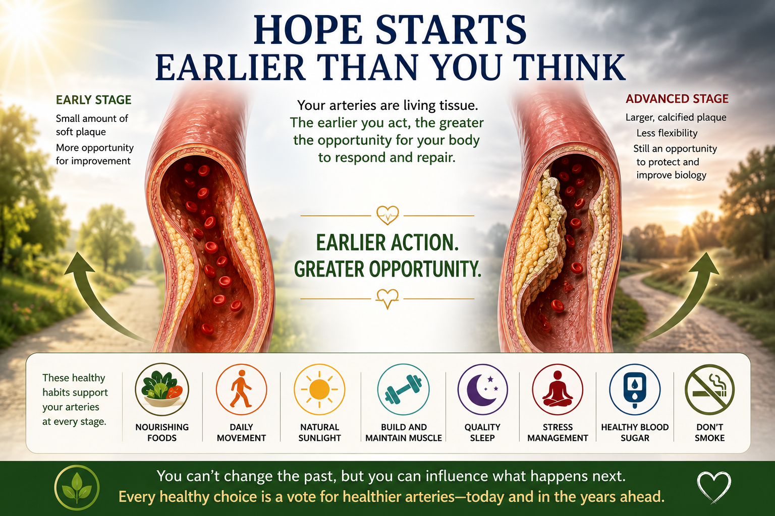 Illustration comparing an artery with early plaque and an artery with advanced calcified plaque, emphasizing that healthy lifestyle choices can support arterial health at every stage and that earlier intervention provides greater opportunity for improvement.
