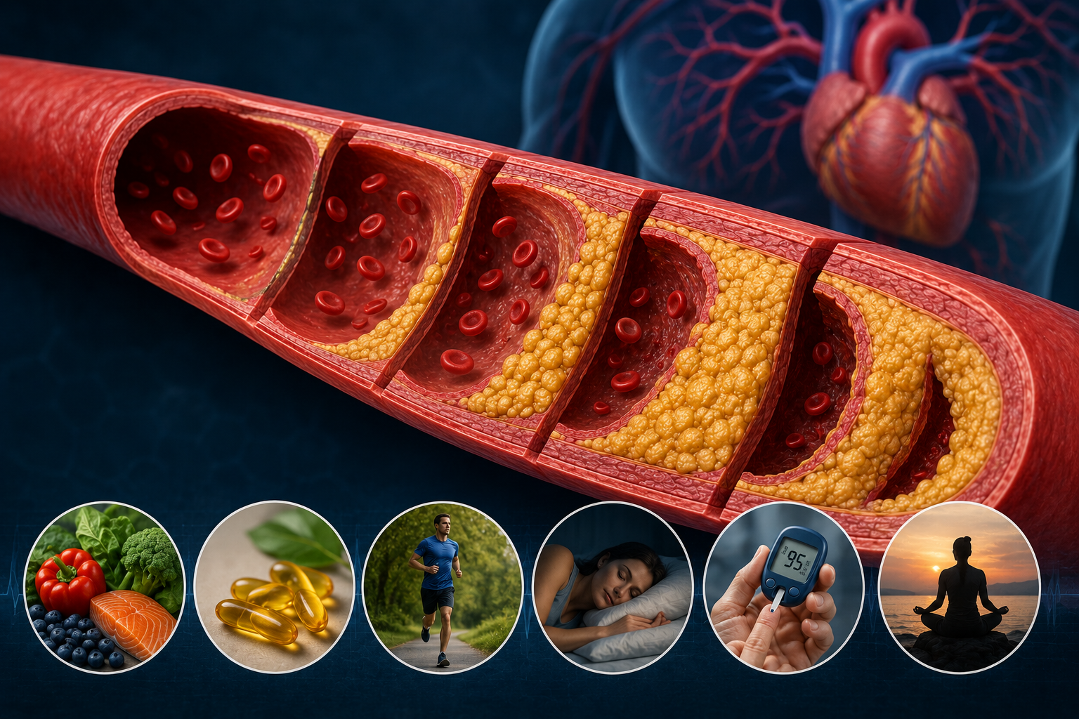 Medical illustration showing the progression of arterial plaque from a healthy artery to advanced atherosclerosis alongside lifestyle factors that influence arterial health.