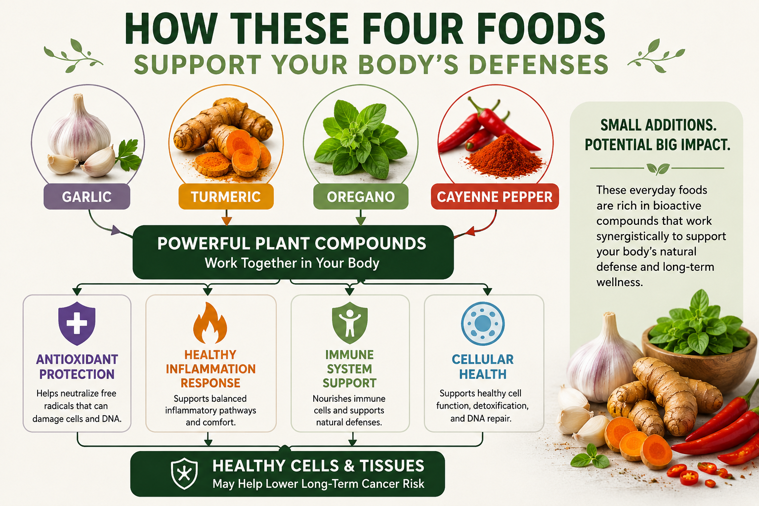 Infographic showing how garlic, turmeric, oregano, and cayenne pepper provide antioxidants, support healthy inflammation balance, promote immune function, and support cellular health.