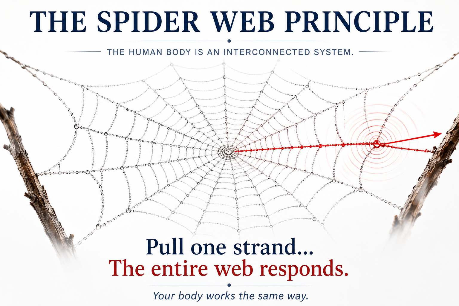 Spider web illustrating how pulling one strand affects the entire web, symbolizing the interconnected communication systems of the human body and the principles of functional medicine.