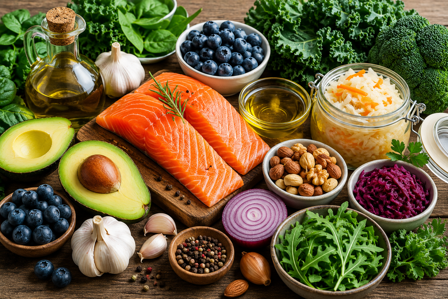 Kidney-supportive foods including wild salmon, olive oil, avocado, blueberries, garlic, leafy greens, nuts, onions, and fermented vegetables
