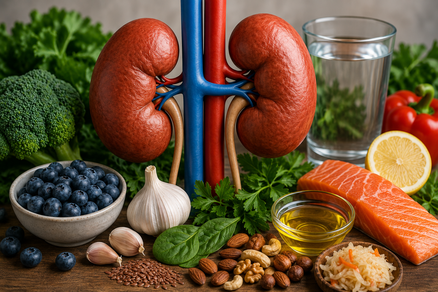 Healthy kidneys surrounded by nutrient-dense foods including salmon, blueberries, garlic, olive oil, leafy greens, fermented vegetables, and water