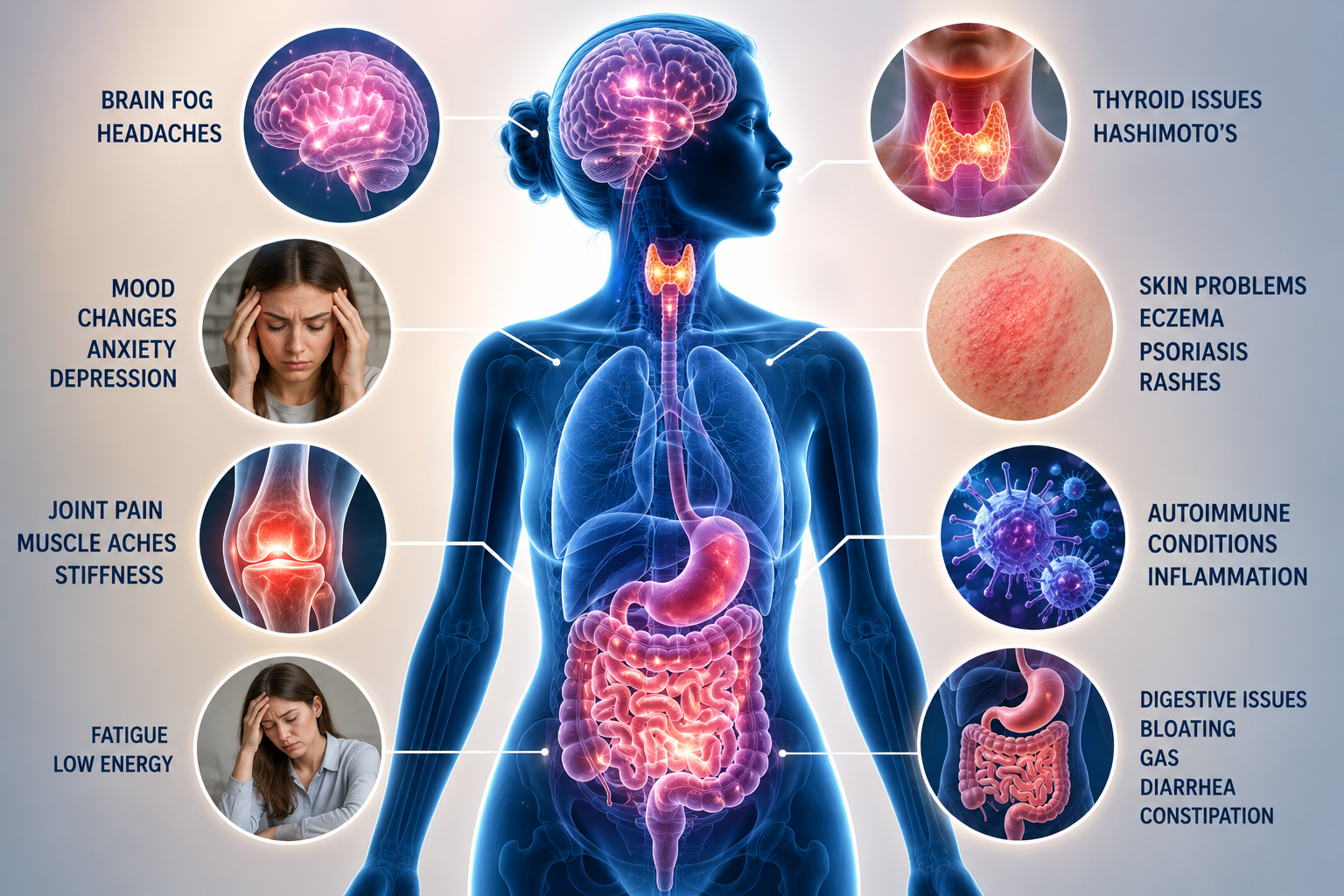 Medical illustration showing how gluten sensitivity may affect the brain thyroid digestive tract immune system skin joints and energy levels