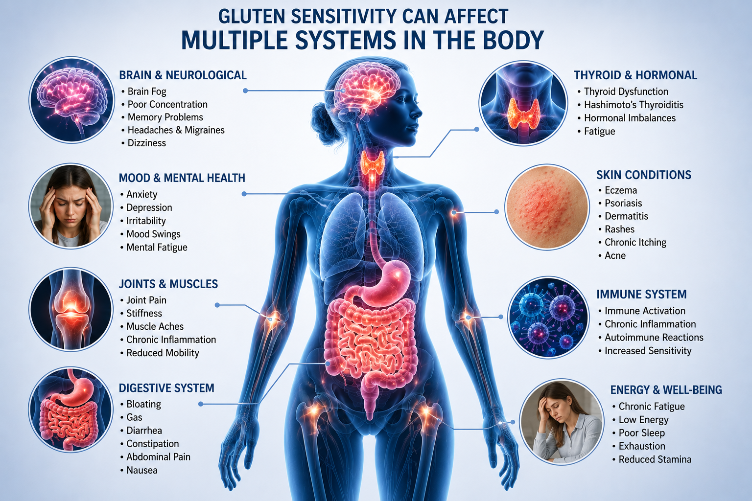 Medical infographic showing how gluten sensitivity may affect the brain thyroid digestive tract immune system skin joints mood and energy levels