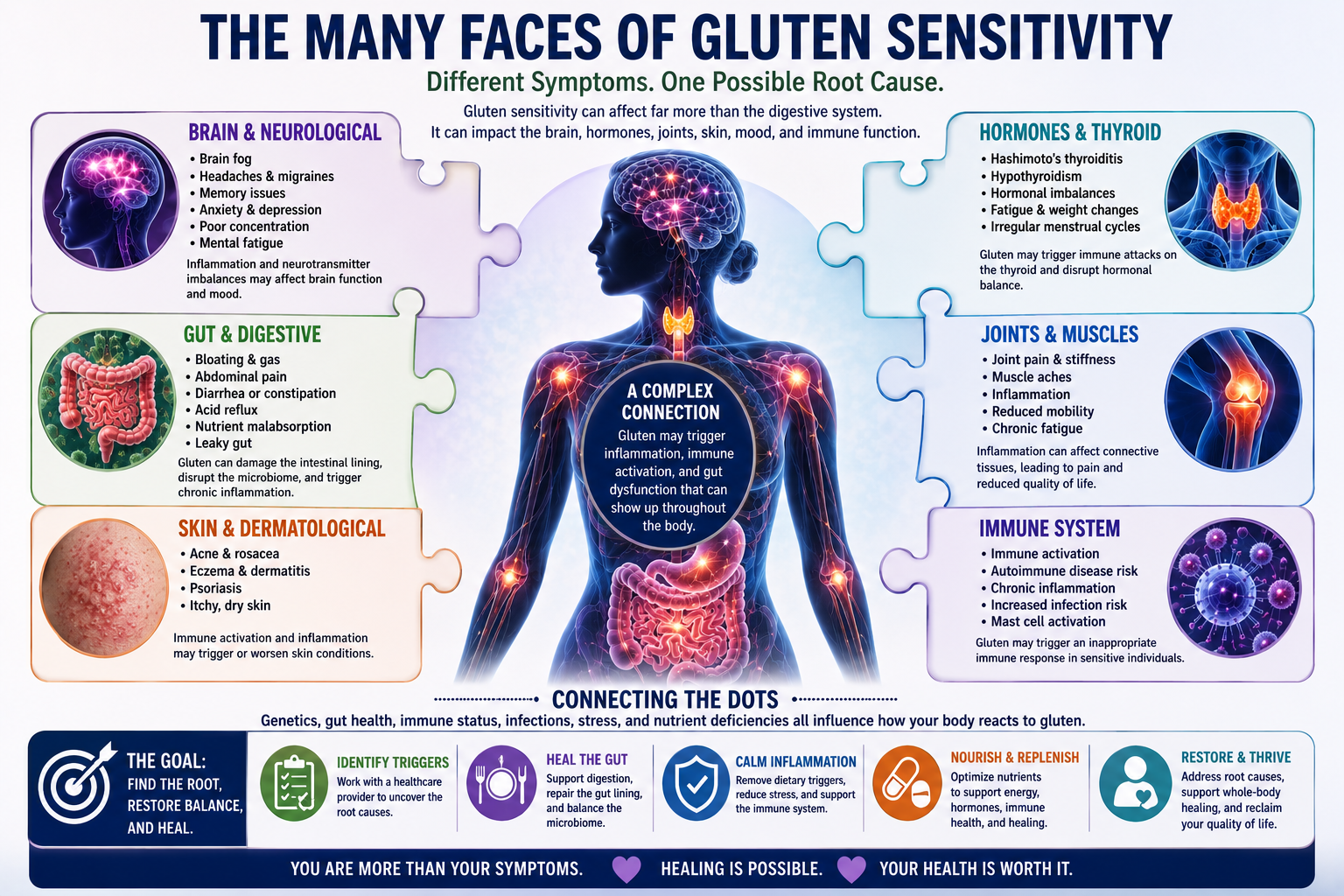 Infographic showing how gluten sensitivity may affect the brain gut thyroid joints skin immune system and overall health