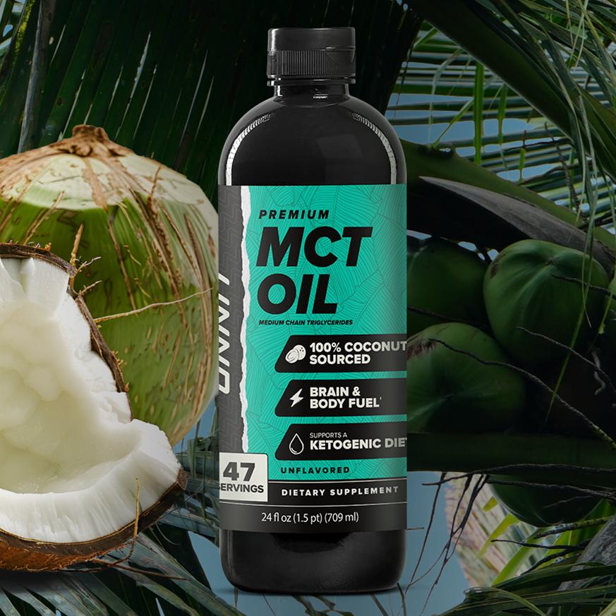 MCT oil and coconut representing healthy fats for energy and brain function