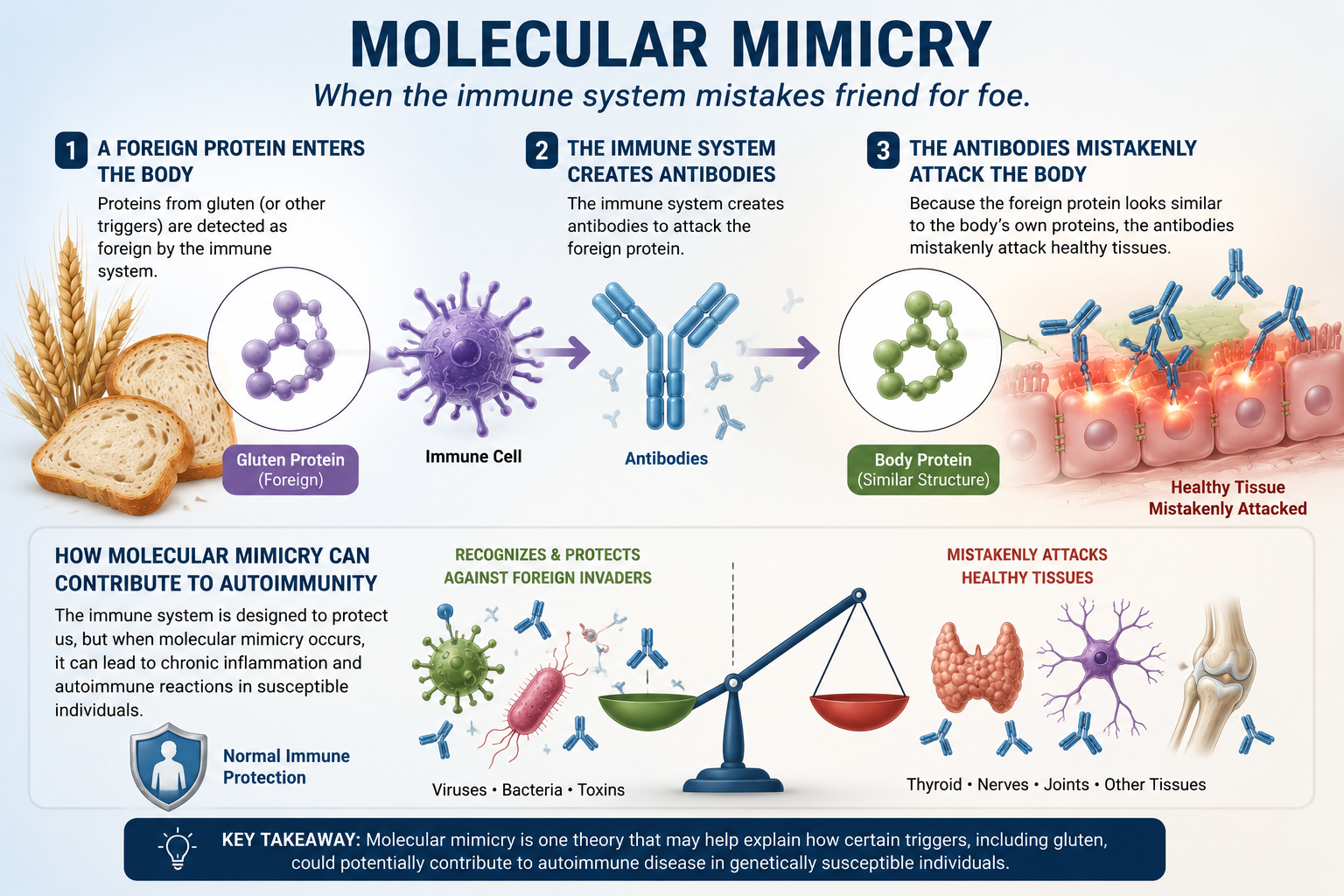 Educational infographic explaining molecular mimicry and how immune responses to foreign proteins may potentially cross-react with healthy tissues