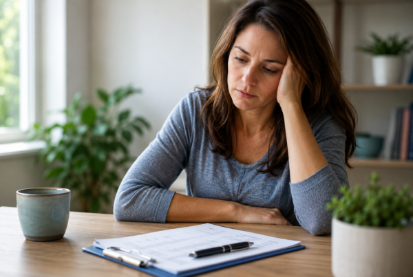Woman looking fatigued while reviewing normal lab results, representing persistent symptoms despite normal blood work.