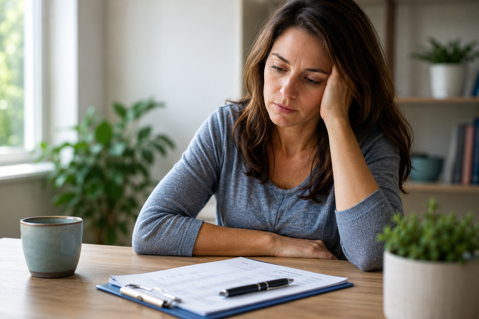 Woman looking fatigued while reviewing normal lab results, representing persistent symptoms despite normal blood work.