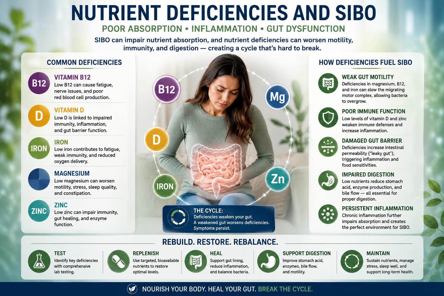 Infographic showing how nutrient deficiencies can contribute to SIBO, poor gut motility, inflammation, and digestive dysfunction