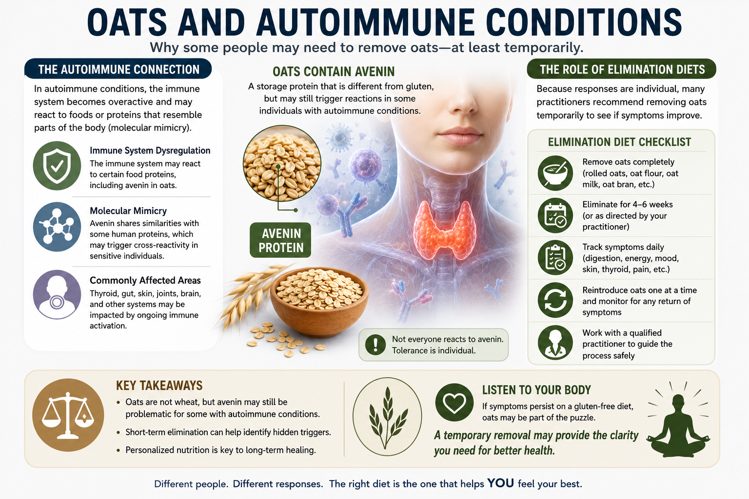 Medical infographic showing oats autoimmune conditions avenin protein immune activation and elimination diet strategies