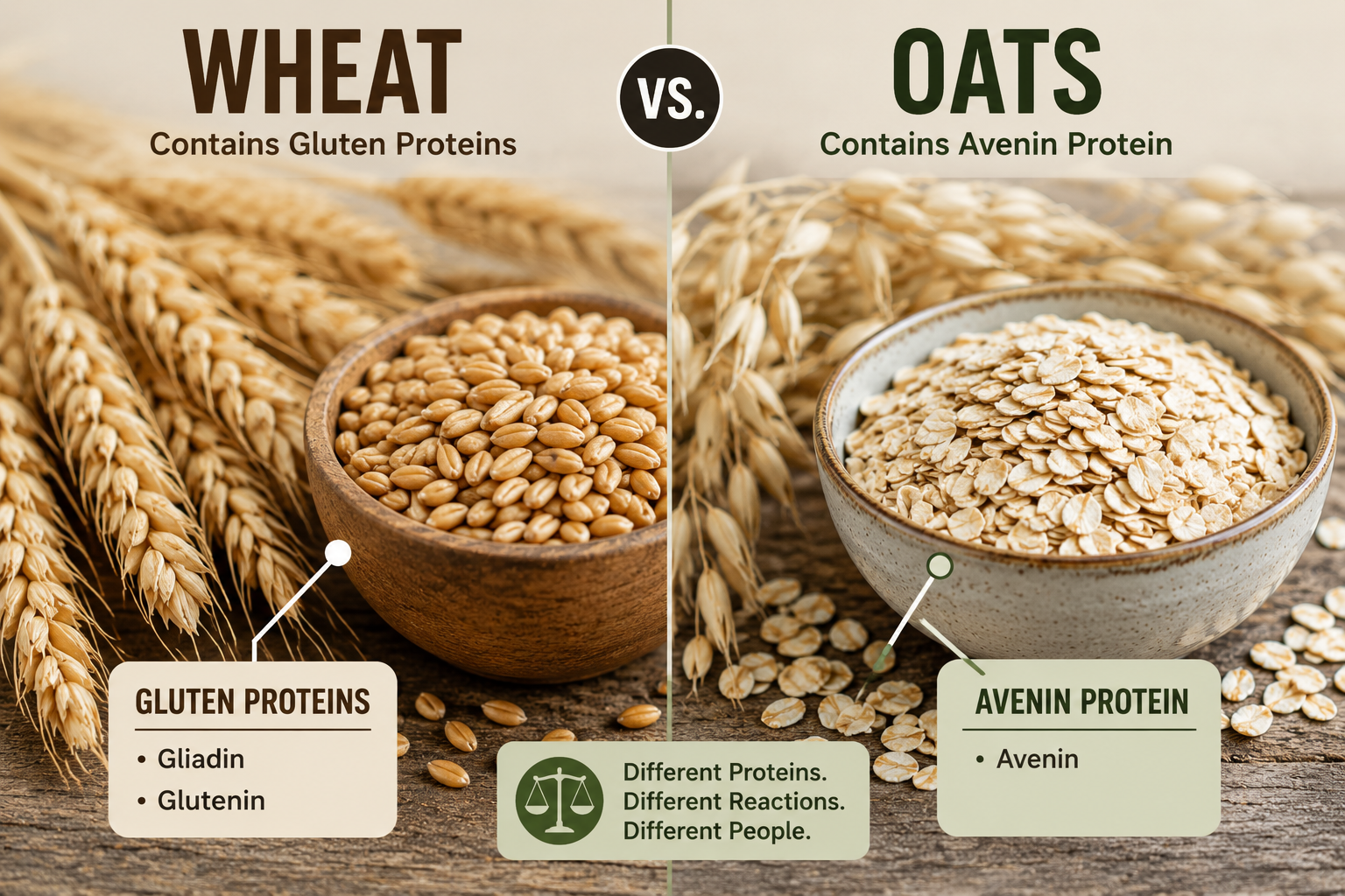 Comparison infographic showing wheat proteins including gliadin and glutenin versus oat protein avenin