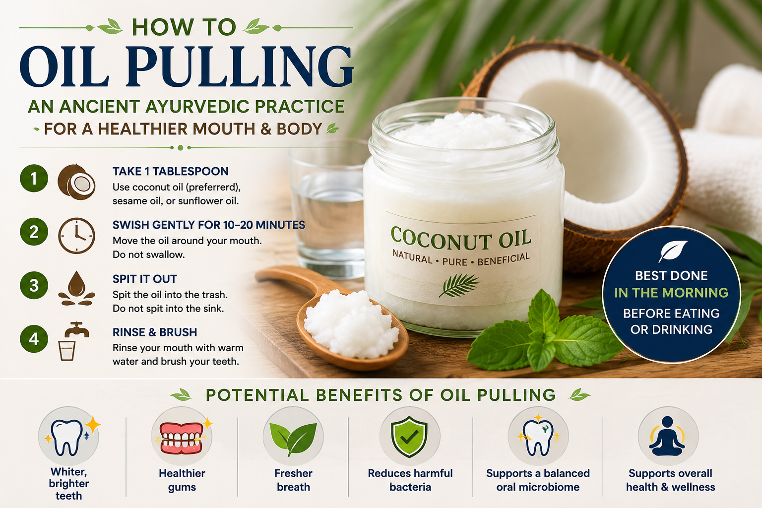 Infographic showing the benefits of oil pulling with coconut oil, including oral health support, fresher breath, gum health, oral microbiome balance, and whole-body wellness.