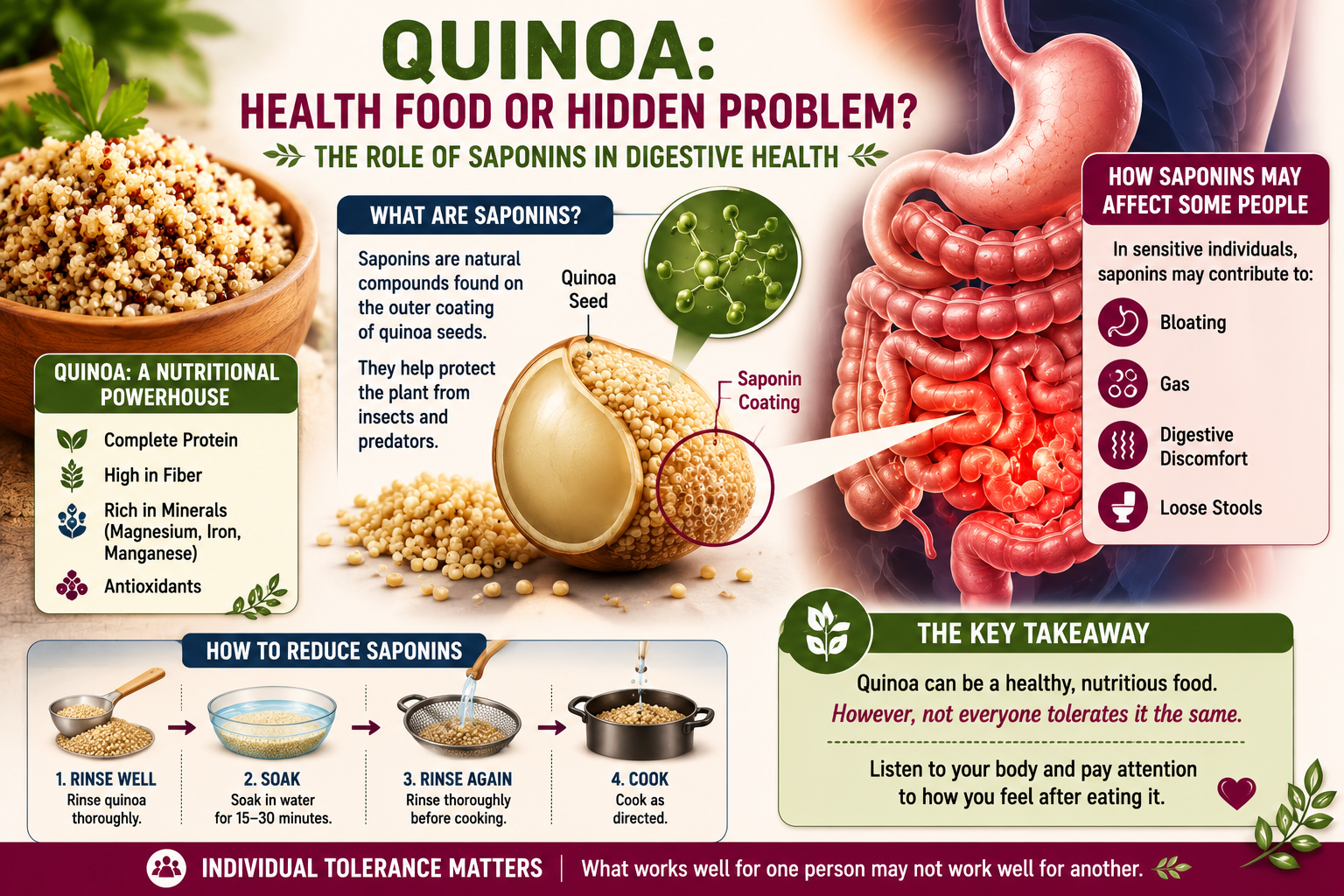 Educational infographic explaining quinoa saponins digestive sensitivity gut health and proper preparation methods