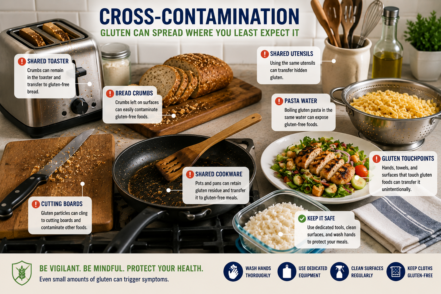 Infographic showing common sources of gluten cross-contamination in restaurants including shared cookware utensils preparation surfaces and cooking equipment