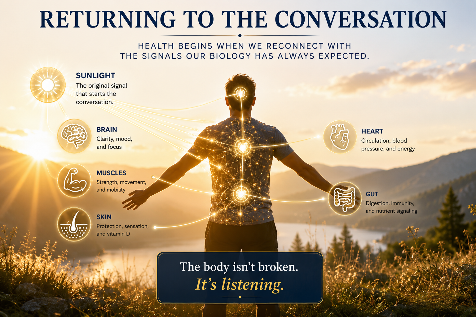 Person standing in morning sunlight with interconnected body systems illuminated, illustrating how reconnecting with natural biological signals supports whole-body health.