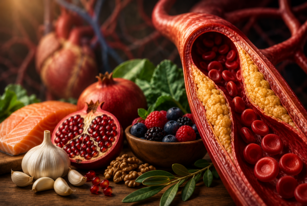 Cross-section of a human artery with arterial plaque surrounded by heart-healthy foods including salmon, garlic, pomegranate, berries, walnuts, and leafy greens representing a functional medicine approach to cardiovascular health.