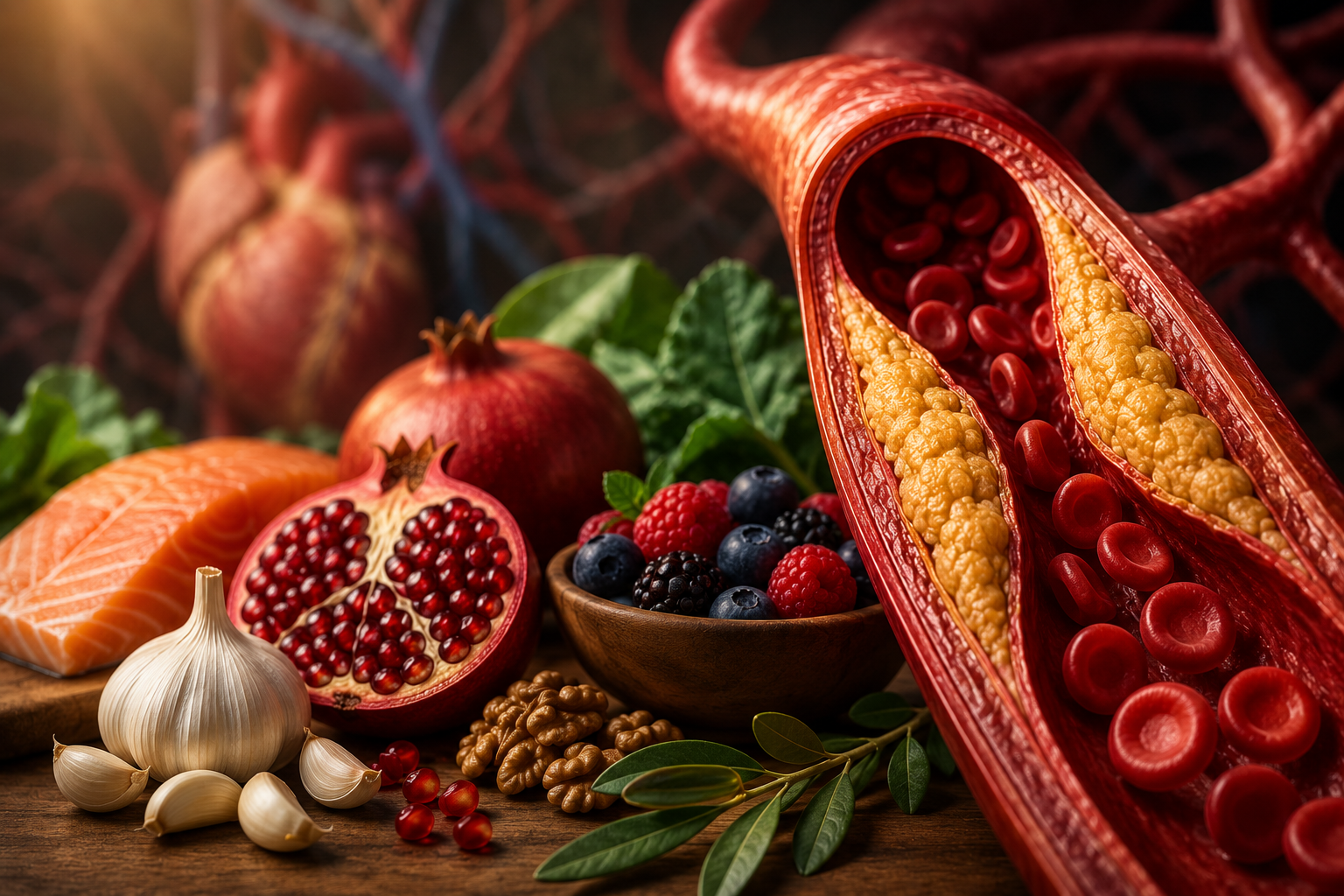 Cross-section of a human artery with arterial plaque surrounded by heart-healthy foods including salmon, garlic, pomegranate, berries, walnuts, and leafy greens representing a functional medicine approach to cardiovascular health.