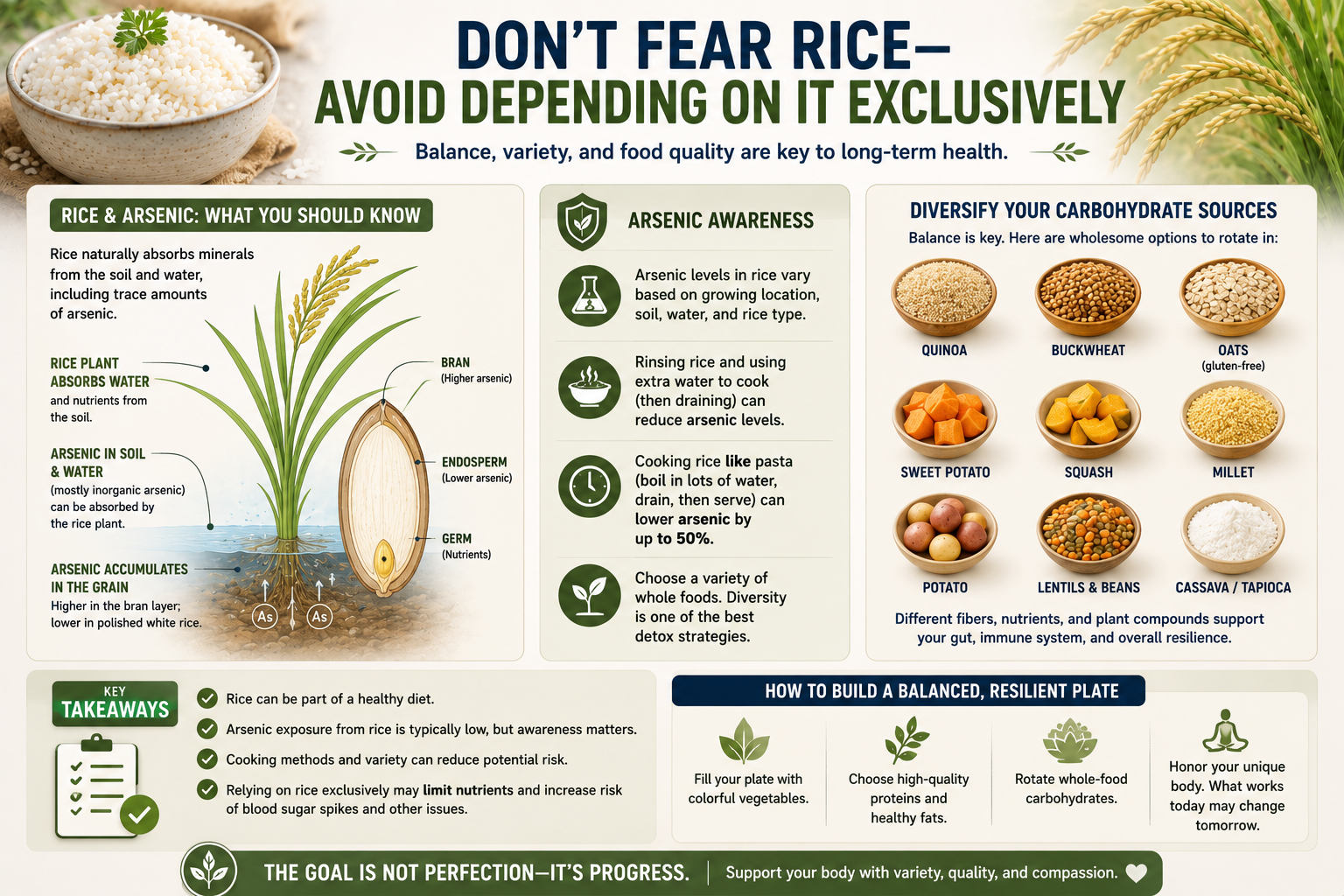 Infographic explaining rice arsenic awareness dietary diversity and alternative whole food carbohydrate sources