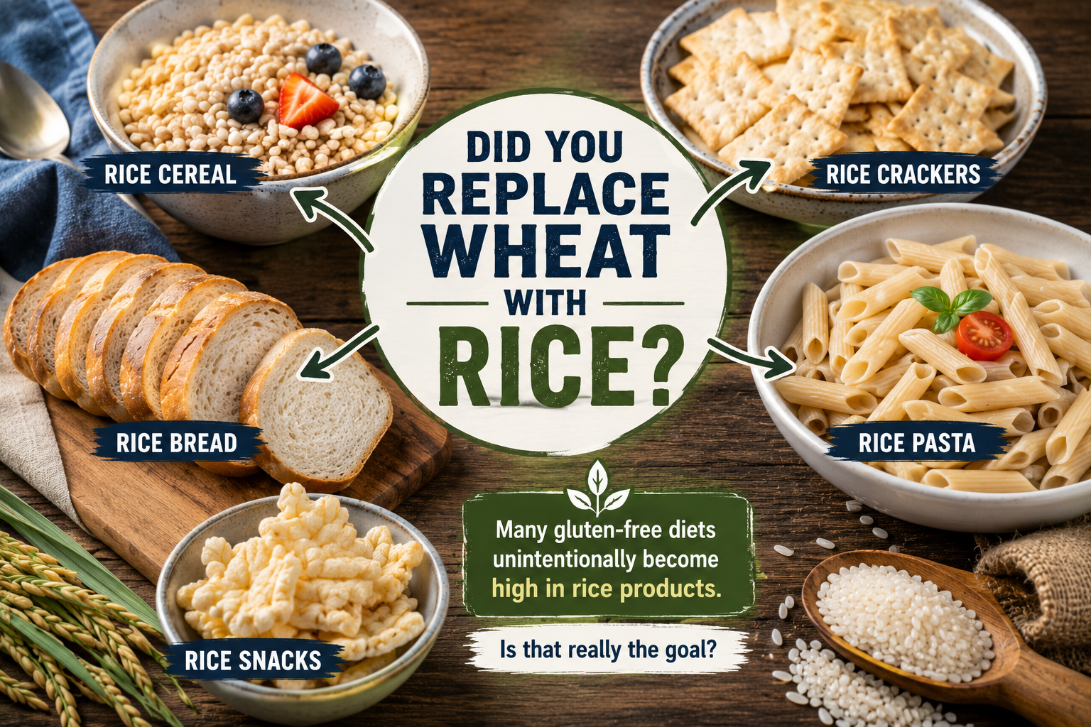 Infographic showing rice cereal rice bread rice crackers rice pasta and rice snacks replacing wheat products on a gluten free diet