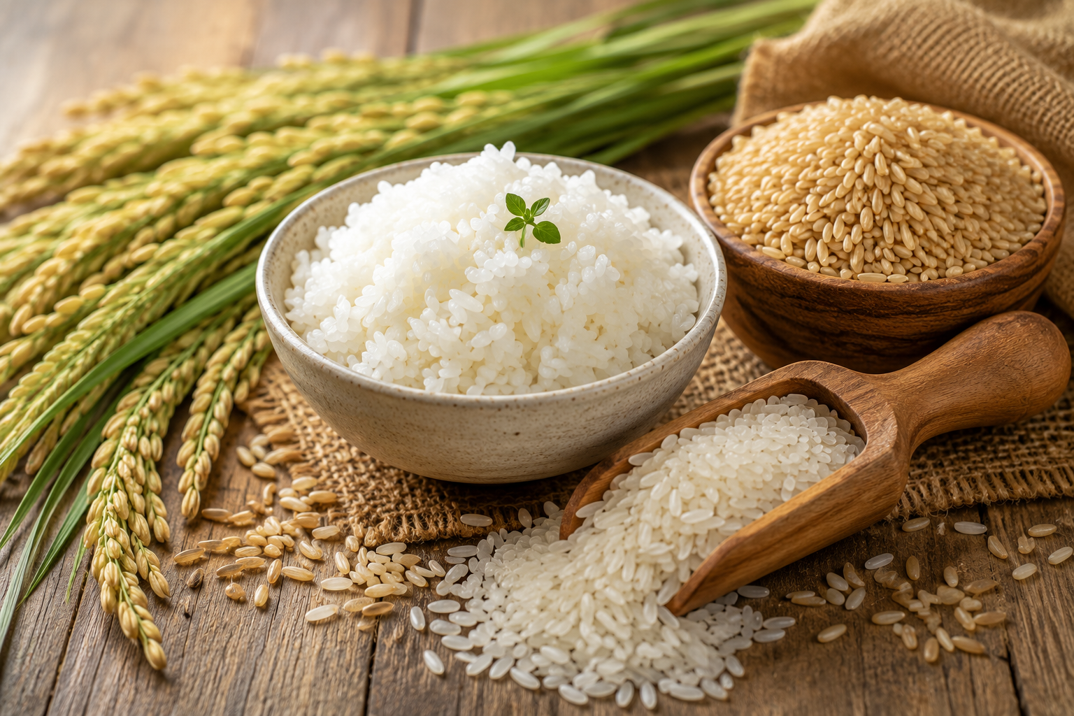 White and brown rice with rice stalks displayed on a rustic wooden table representing rice as a common gluten-free grain