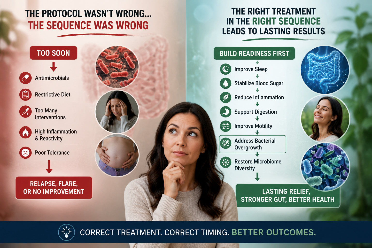 Functional medicine infographic showing why SIBO treatment sequence affects long-term healing outcomes