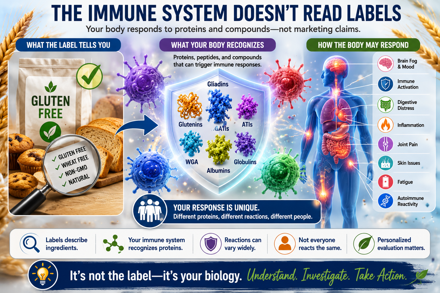 Infographic showing that the immune system responds to food proteins rather than gluten free marketing labels