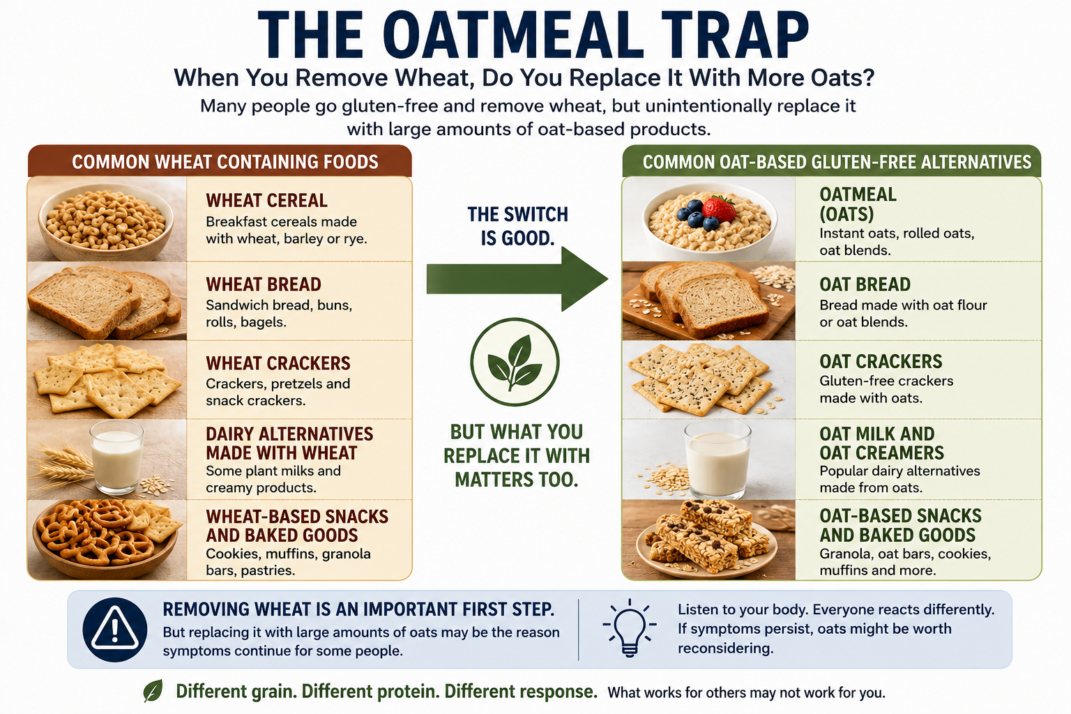 Infographic showing common wheat foods being replaced with oatmeal oat flour oat milk and other oat based products on a gluten free diet