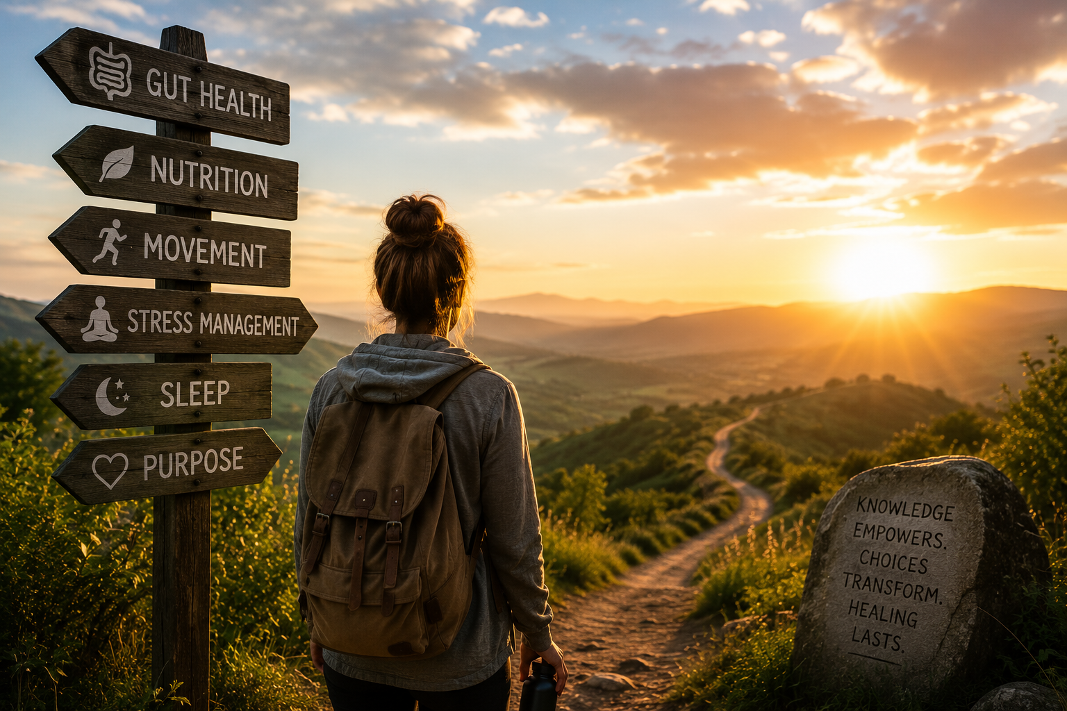 Person standing at sunrise overlooking a winding path with signposts representing gut health, nutrition, movement, stress management, sleep, and purpose.