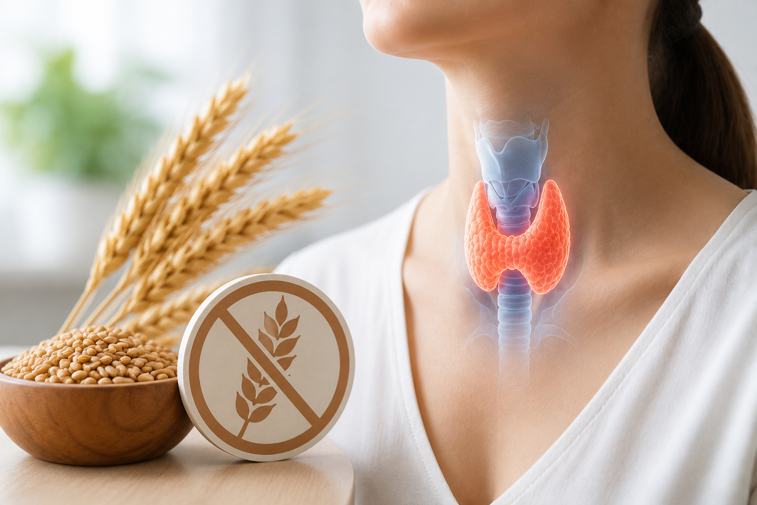 Medical illustration showing thyroid health and a gluten-free dietary approach for individuals with Hashimoto's thyroiditis and autoimmune thyroid conditions