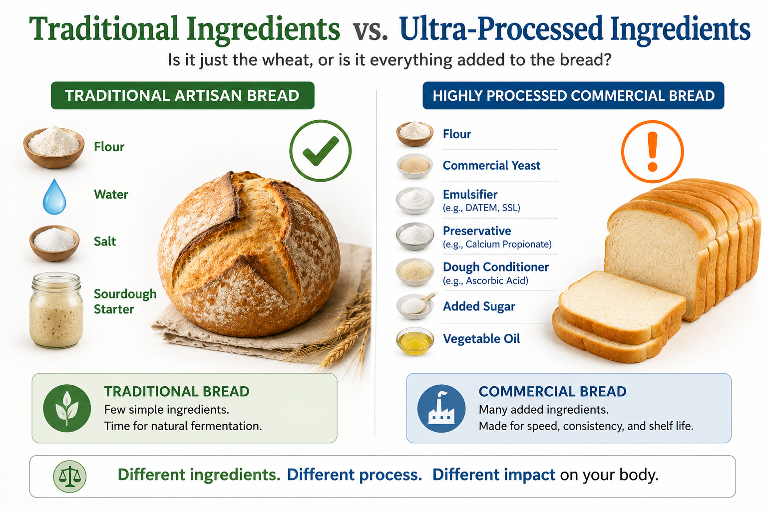 Educational infographic comparing the simple ingredients of traditional artisan bread with the added ingredients commonly found in commercially processed bread.