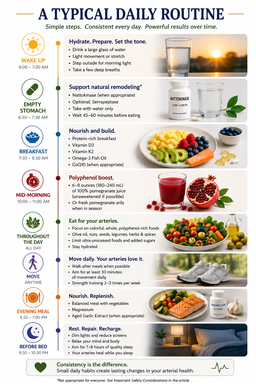 Timeline infographic showing a typical daily routine for supporting arterial health through hydration, nutrition, targeted supplements, movement, polyphenol-rich foods, and restorative sleep.