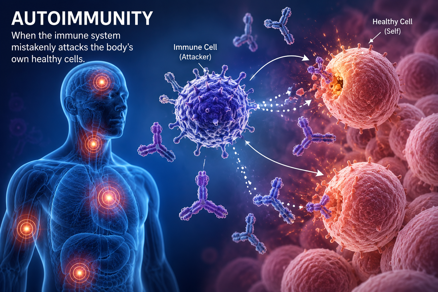 Medical illustration showing autoimmunity where immune cells mistakenly attack the body's own healthy tissues