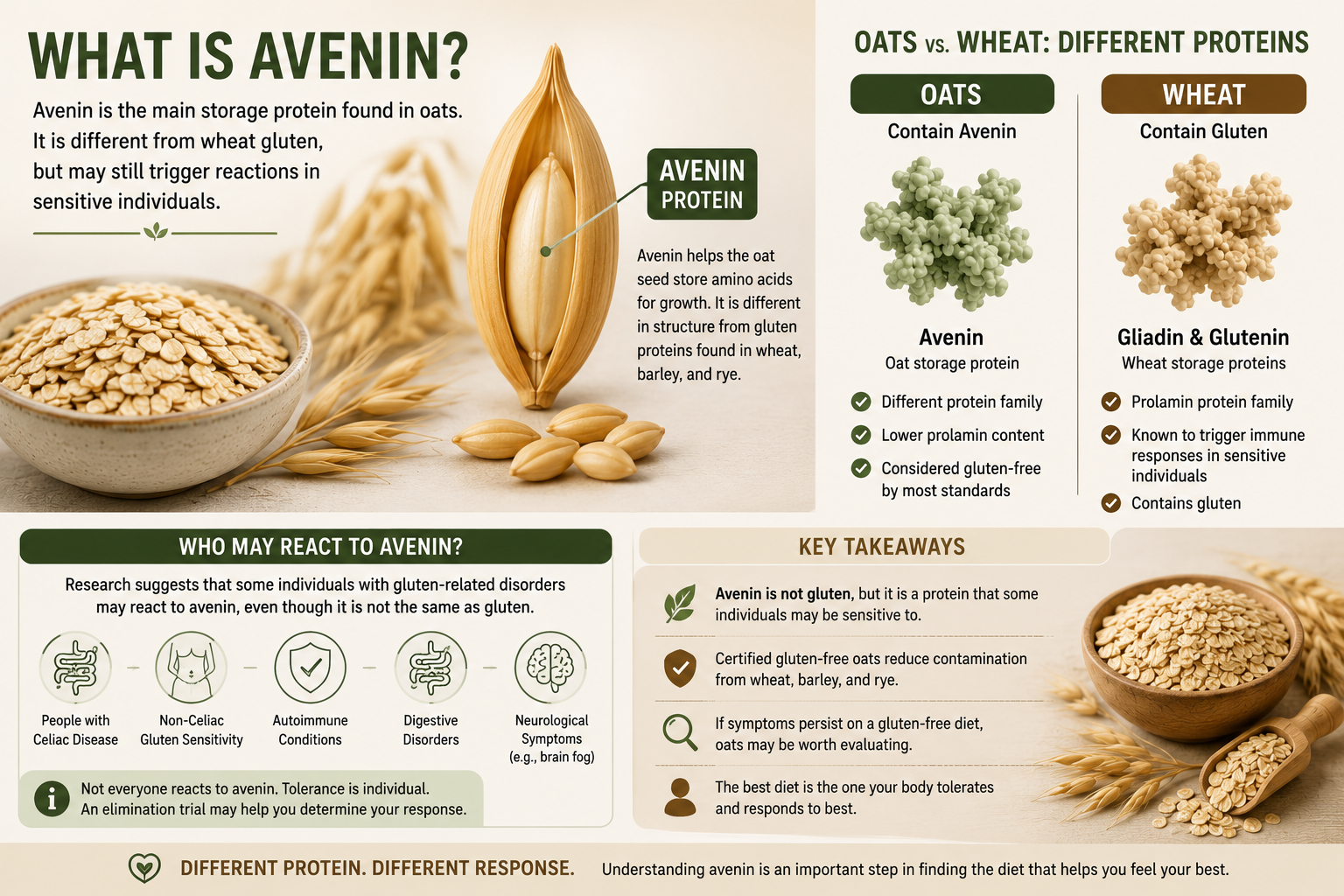 Educational infographic explaining avenin protein in oats and comparing it to gluten proteins found in wheat