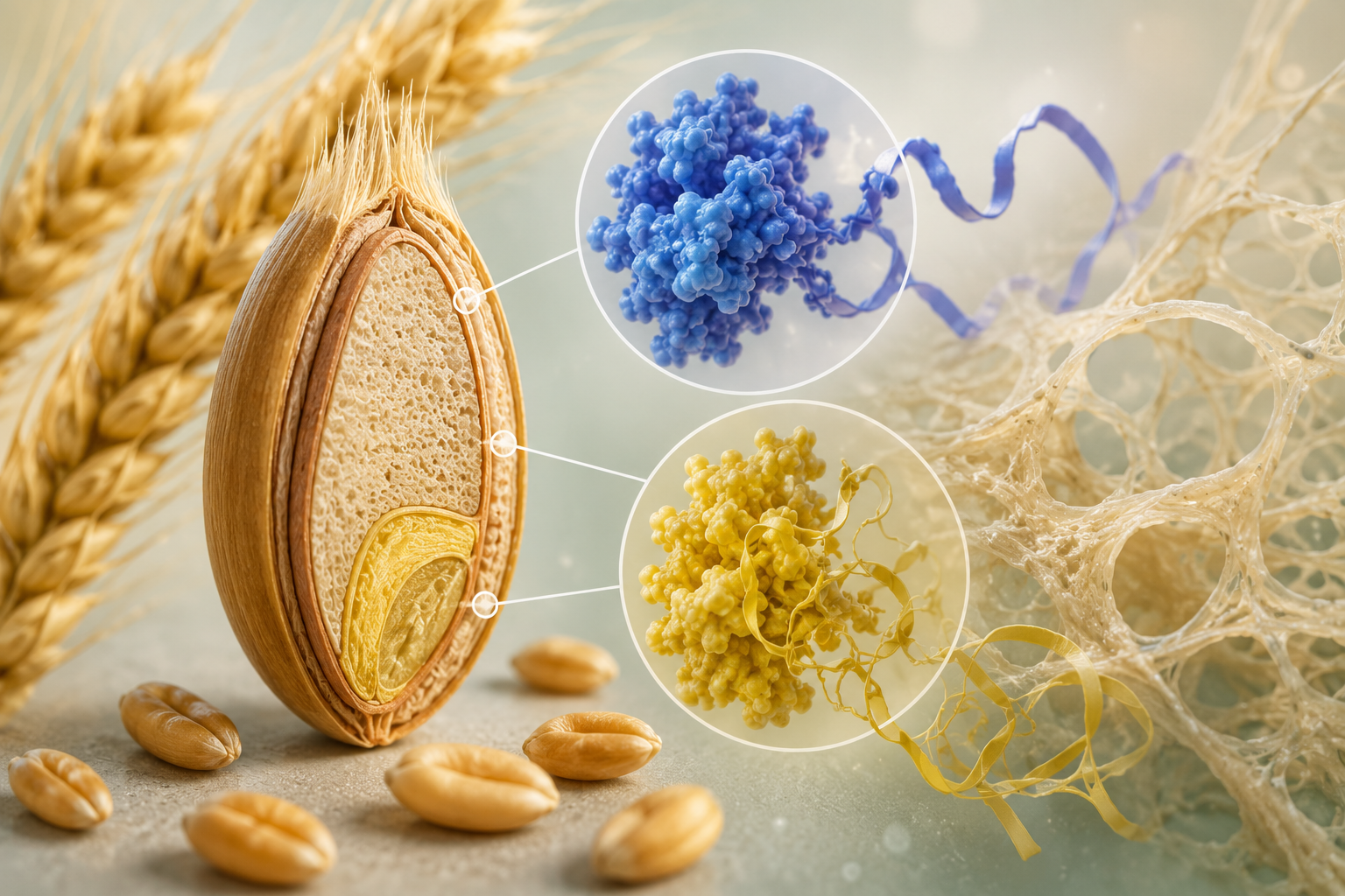 Scientific illustration showing a wheat grain cross section and gluten protein structures explaining gluten sensitivity and wheat proteins