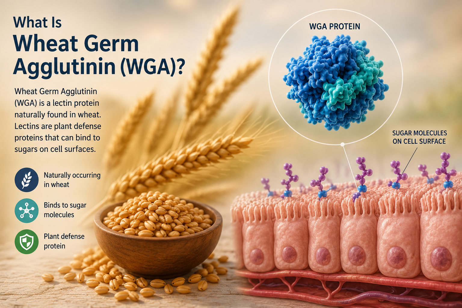 Educational illustration explaining Wheat Germ Agglutinin WGA a lectin protein naturally found in wheat and its potential interaction with the intestinal lining
