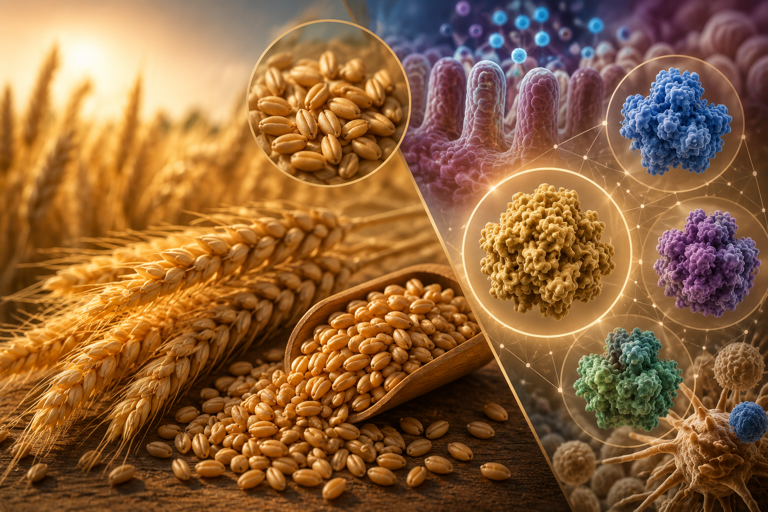 Wheat grain and wheat proteins illustrating that wheat contains biologically active compounds beyond gluten including WGA ATIs albumins and globulins