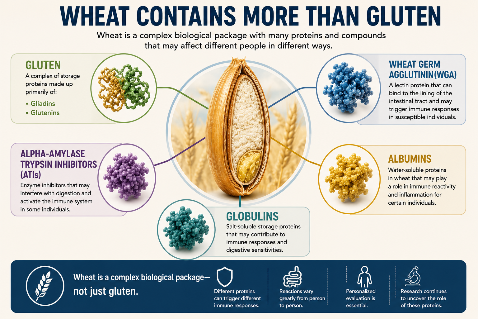 Diagram showing wheat proteins including gluten wheat germ agglutinin alpha amylase trypsin inhibitors albumins and globulins
